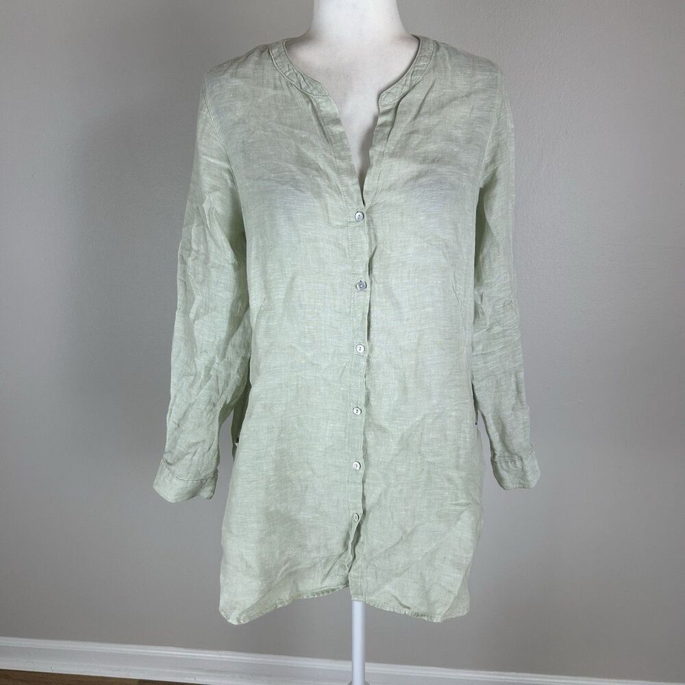 Sigrid Olsen 100% Linen Shirt Green Button Up Quiet Luxury Coastal Capsule